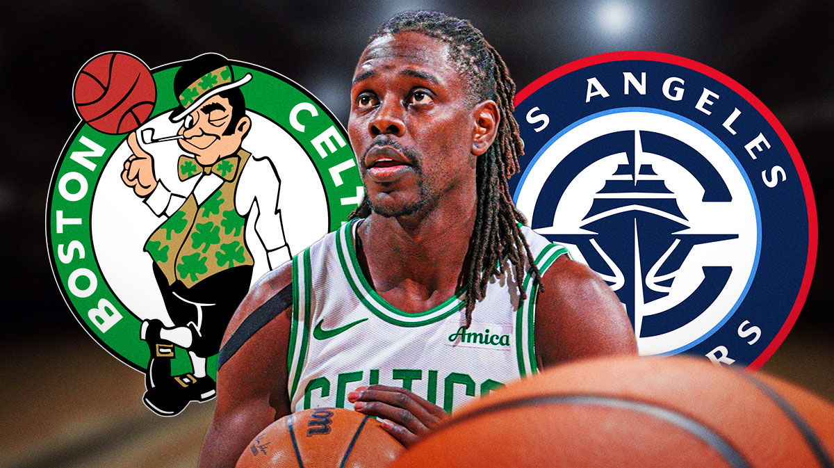 Celtics Jrue Holiday shooting a basketball with the Celtics and Clippers 2025 logos in background.