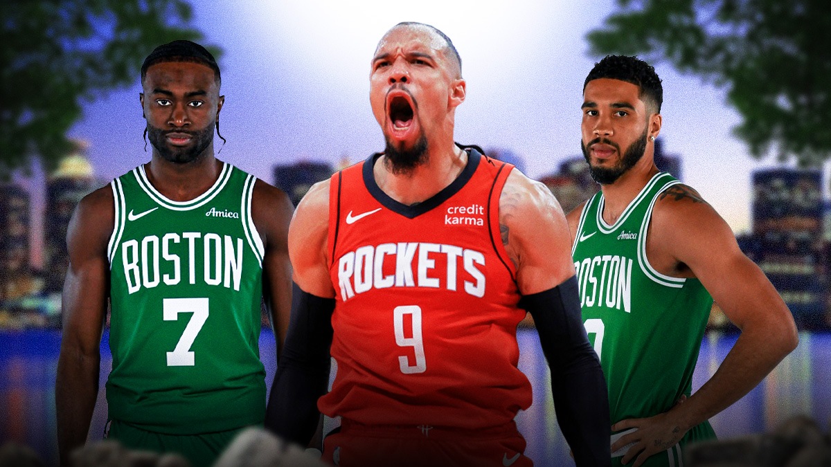 Dillon Brooks (rockets jersey) looking hyped on a Boston city background with Jaylen Brown and Jayson Tatum to either side of him looking serious/sad/angry/disappointed