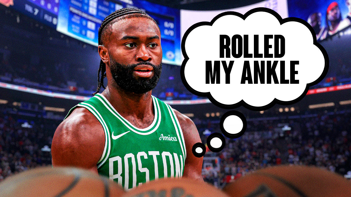 Celtics guard Jaylen Brown with a thought bubble that says "Rolled my ankle" with a background of the inside of the Intuit Dome