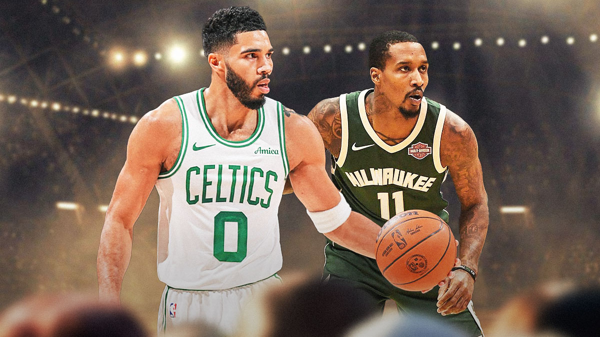 Jayson Tatum looking serious next to Brandon Jennings (can be him today, not as a player) on a Celtics background