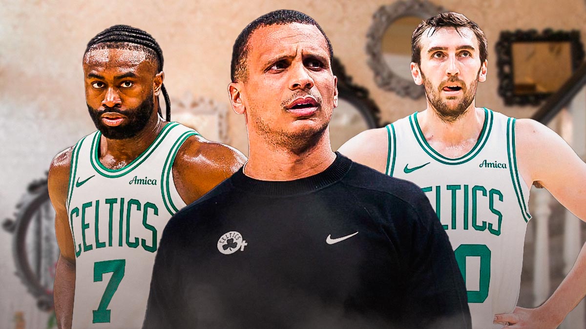 Celtics' Joe Mazzulla with plenty of mirrors all over him, with Jaylen Brown and Luke Kornet looking confused