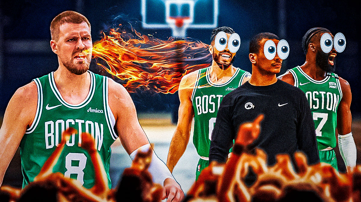 Kristaps Porzingis on one side breathing fire, Jayson Tatum, Jaylen Brown, and Joe Mazzulla on the other side with the big eyes emoji over their faces