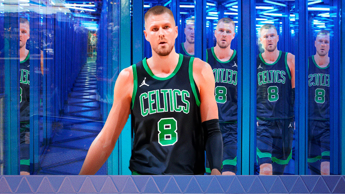 Kristaps Porzingis next to mirrors or in a hall of mirrors