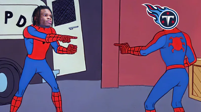 The Spiderman pointing meme with Travis Hunter's head on one Spiderman and the Titans logo as the head of the other Spiderman.