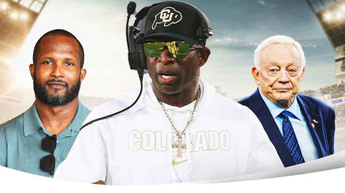 Champ Bailey, Deion Sanders, and Jerry Jones in front of the stadium.