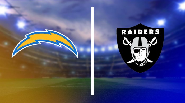 Chargers and Raiders logos with a barrier or a line between them