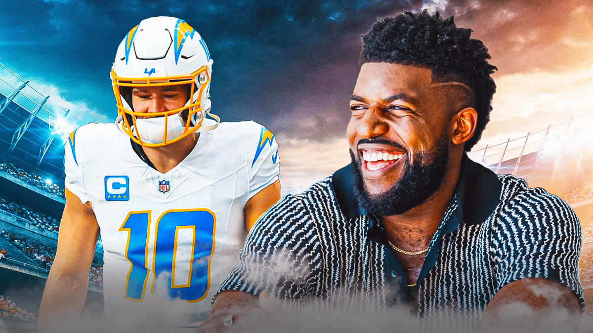 Emmanuel Acho laughing at Justin Herbert.