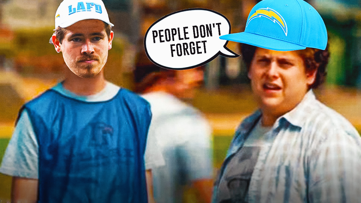 Chargers QB Justin Herbert looking sad while person next to him wearing a Chargers hat says, "People don't forget."