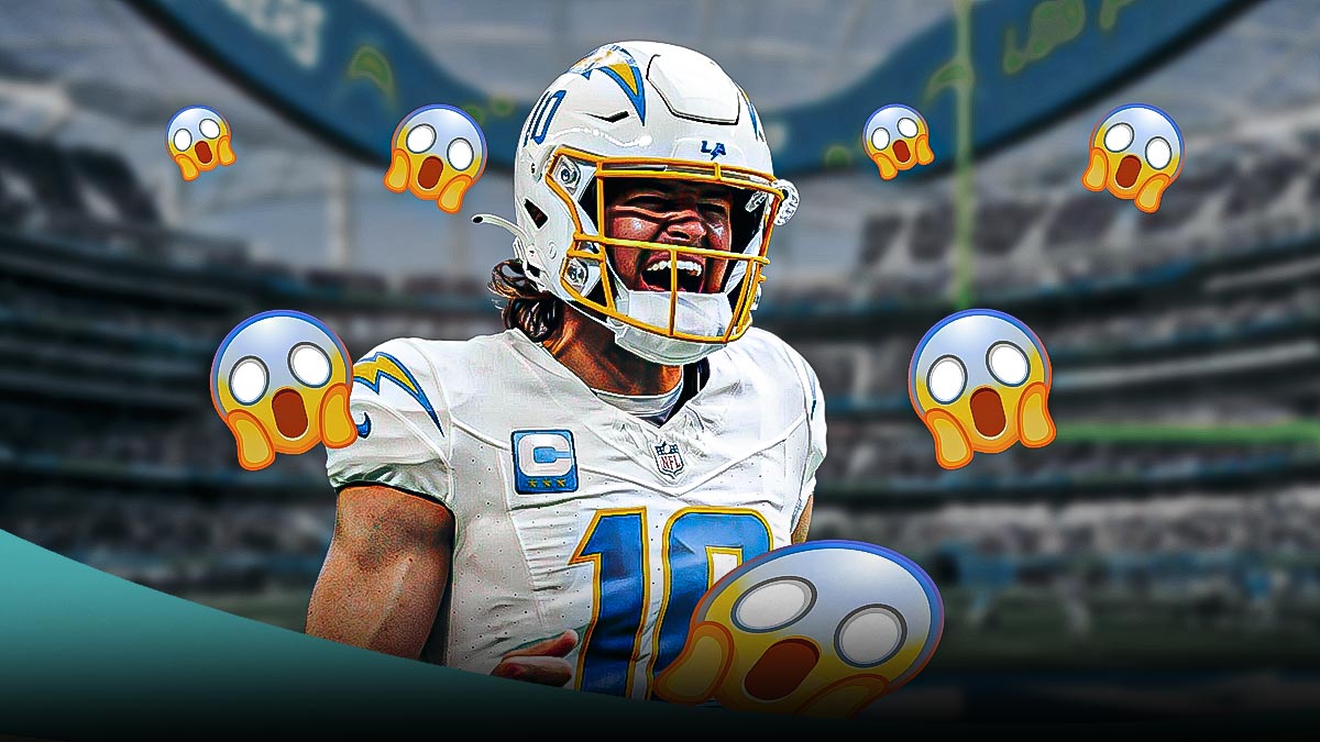 Justin Herbert in a Los Angeles Chargers uniform with faces screaming in fear emojis around him as he had a terrible playoff game with four interceptions.