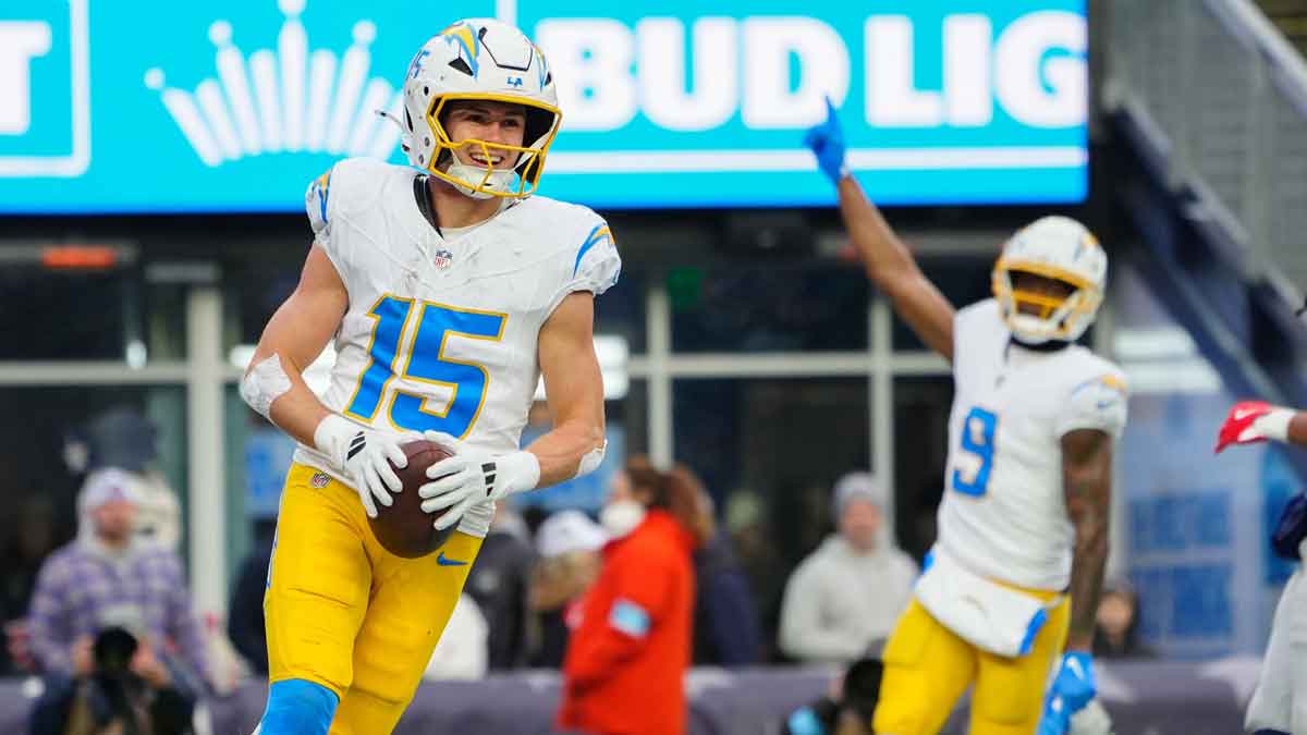 Los Angeles Chargers wide receiver Ladd McConkey (15) reacts to scoring a touchdown against the New England Patriots during the second half at Gillette Stadium.