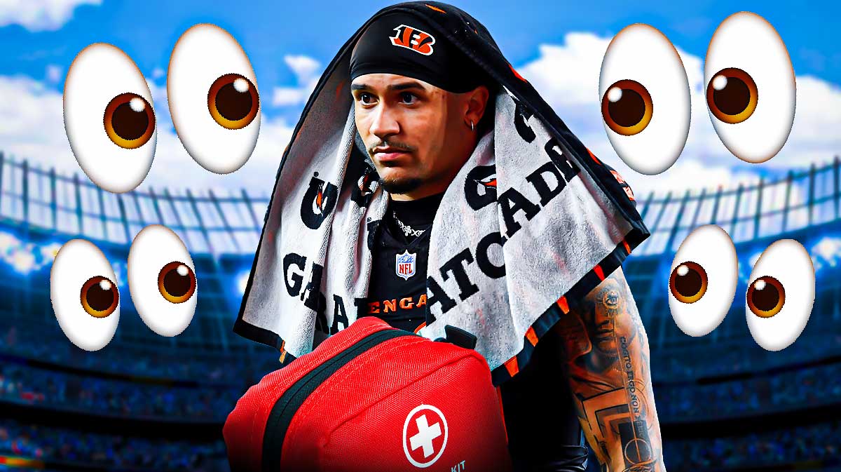 Chase Brown with an injury kit in front of him and a bunch of the big eyes emojis in the background