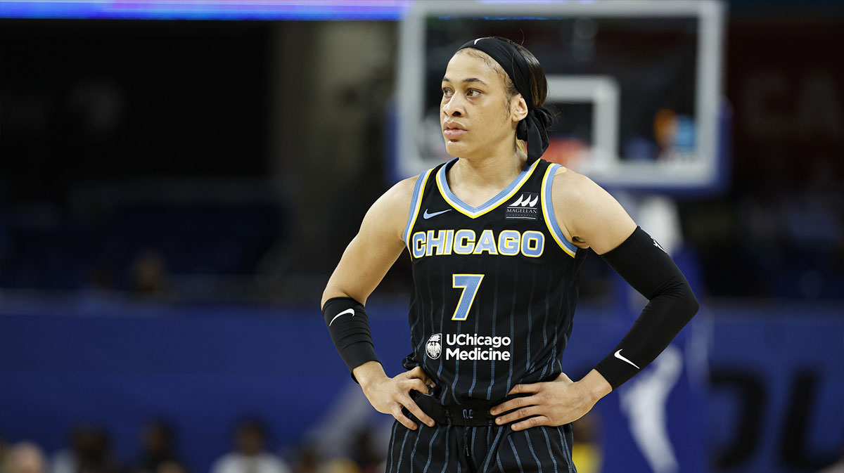 Chicago Sky guard Chennedy Carter (7) looks on during the first half at Wintrust Arena.