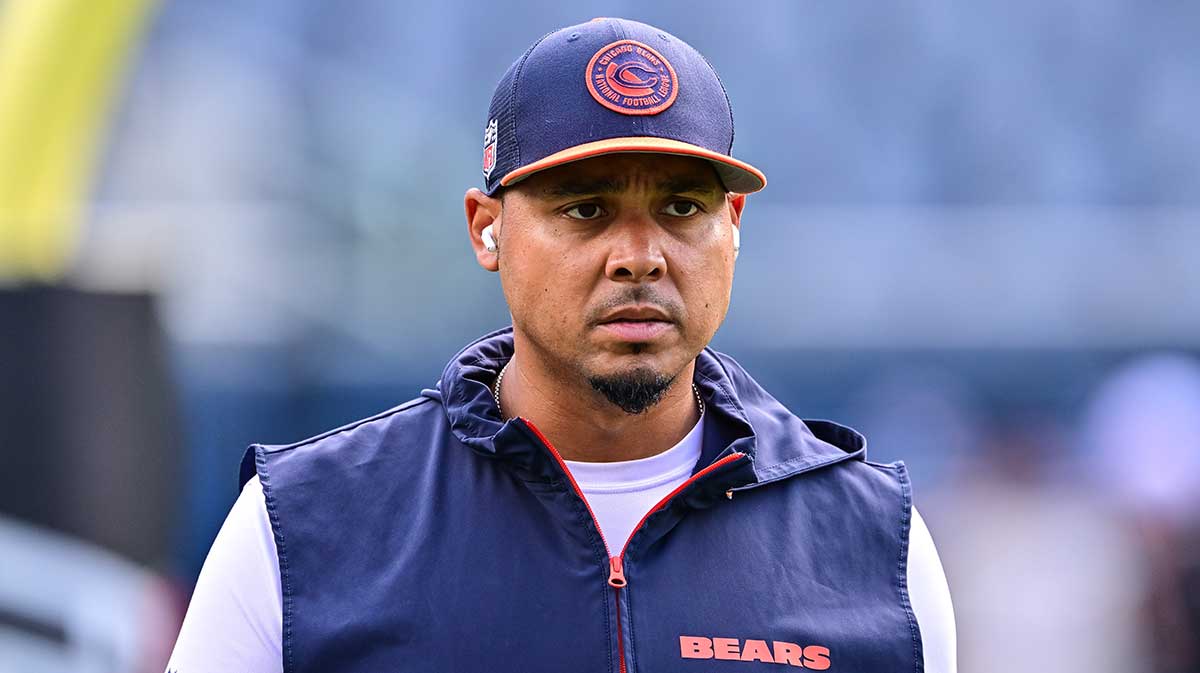 Chicago Bears general manager Ryan Poles looks on at the NFL Draft before the game against the Cincinnati Bengals at Soldier Field.