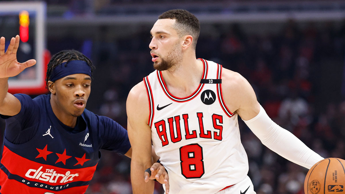 Chicago Bulls guard Zach LaVine (8) drives to the basket against Washington Wizards guard Bilal Coulibaly (0) during the first half at the United Center.