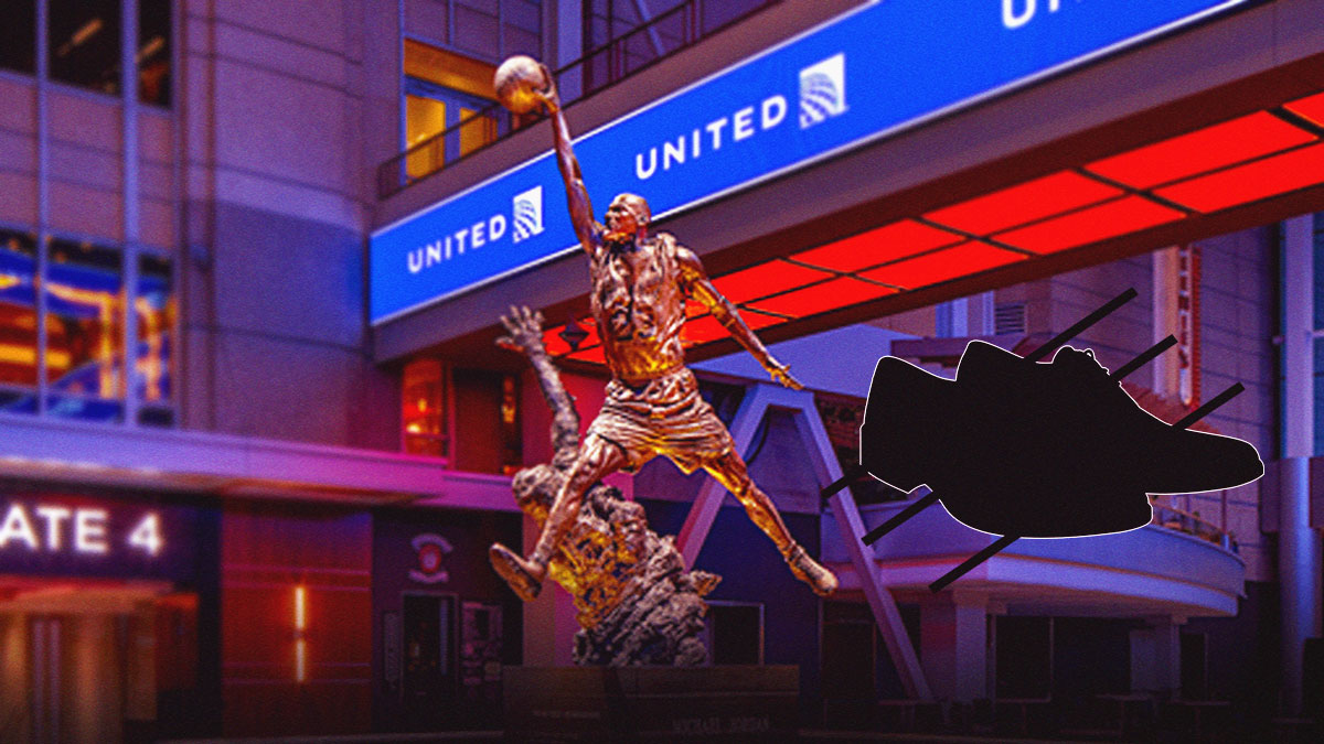 Michael Jordan’s statue at the United Center with blacked-out shoes and black bars over them, like the 1985 'banned' Air Jordan 1 ad, with the United Center, home to the Bulls in the background.