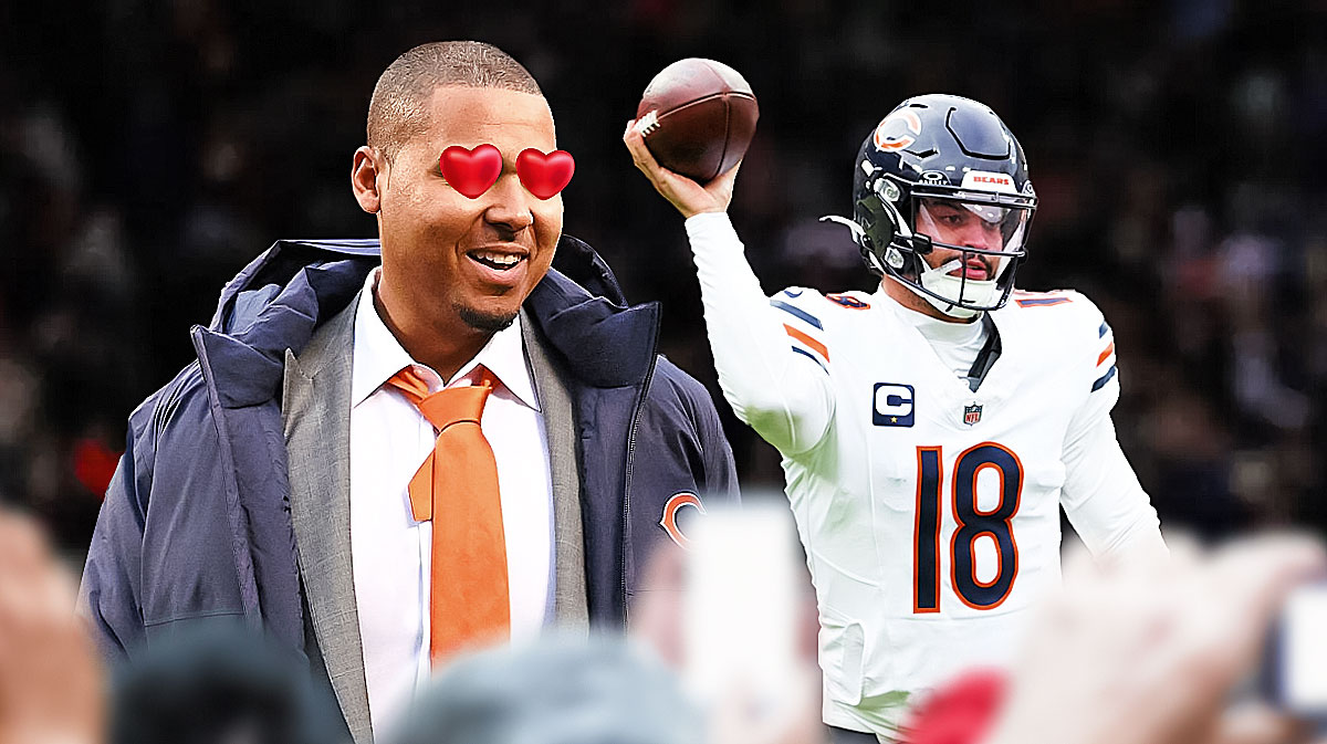 Bears GM Ryan Poles with hearts over his eyes, looking at Bears quarterback Caleb Williams throwing a football