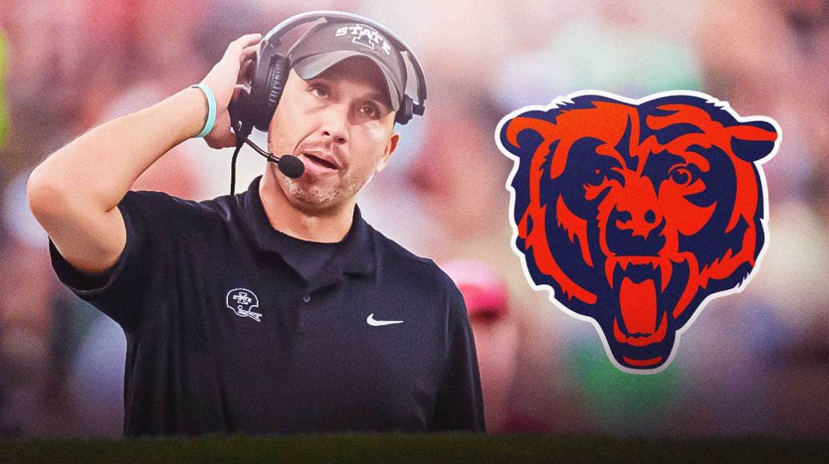 Matt Campbell on left. Chicago Bears logo on right