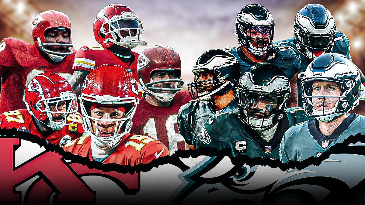 Patrick Mahomes, Travis Kelce, Otis Taylor, Len Dawson, Tyreek Hill all together in Chiefs gear with Chiefs logo in front. Other side is Jalen Hurts, AJ Brown, Jalen Carter, Donovan McNabb, Nick Foles all together with Eagles logo.