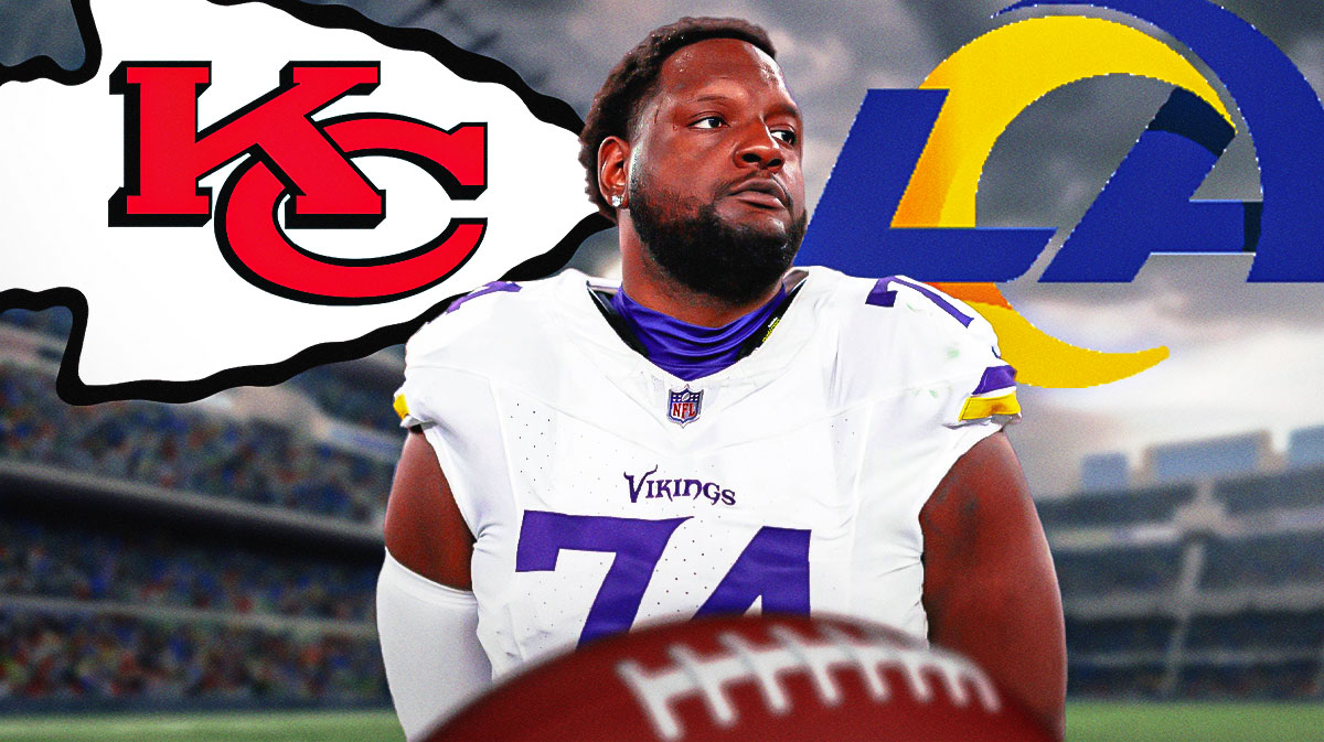 Cam Robinson in the middle, the Kansas City Chiefs logo on one side, the Los Angeles Rams on the other side