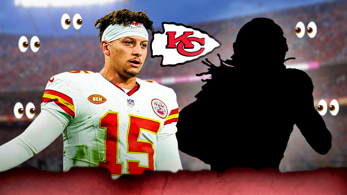 Image of Chiefs QB Patrick Mahomes next to a silhouette of Chiefs running back Kareem Hunt. Eyes emoji next to them. Chiefs logo in background