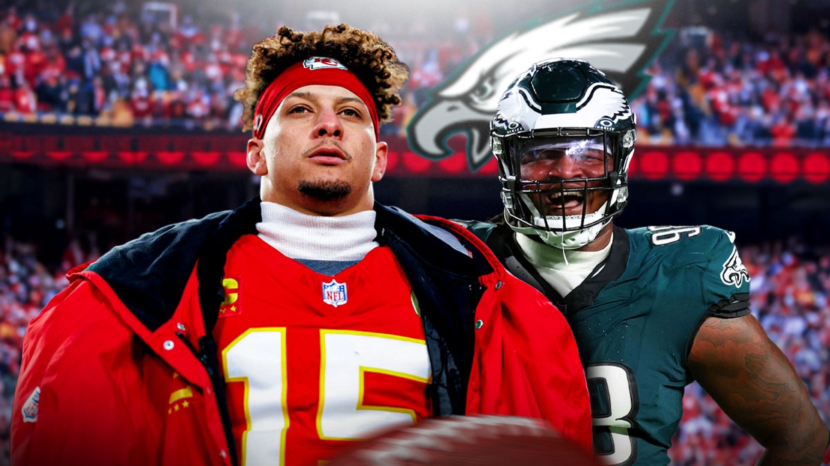Image of Chiefs QB Patrick Mahomes looking upset and sad next to image of Eagles DT Jalen Carter looking happy and hyped. Eagles logo in background