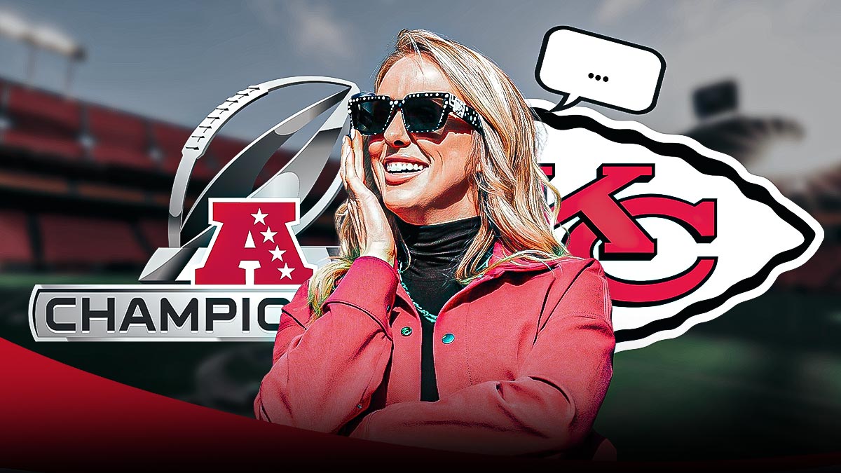 Brittany Mahomes (wife of Chiefs QB Patrick Mahomes), with speech bubble above her head saying "...". AFC Championship Game logo and Chiefs logo in background. Background is Arrowhead Stadium.