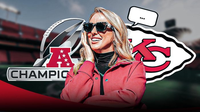 Brittany Mahomes (wife of Chiefs QB Patrick Mahomes), with speech bubble above her head saying "...". AFC Championship Game logo and Chiefs logo in background. Background is Arrowhead Stadium.
