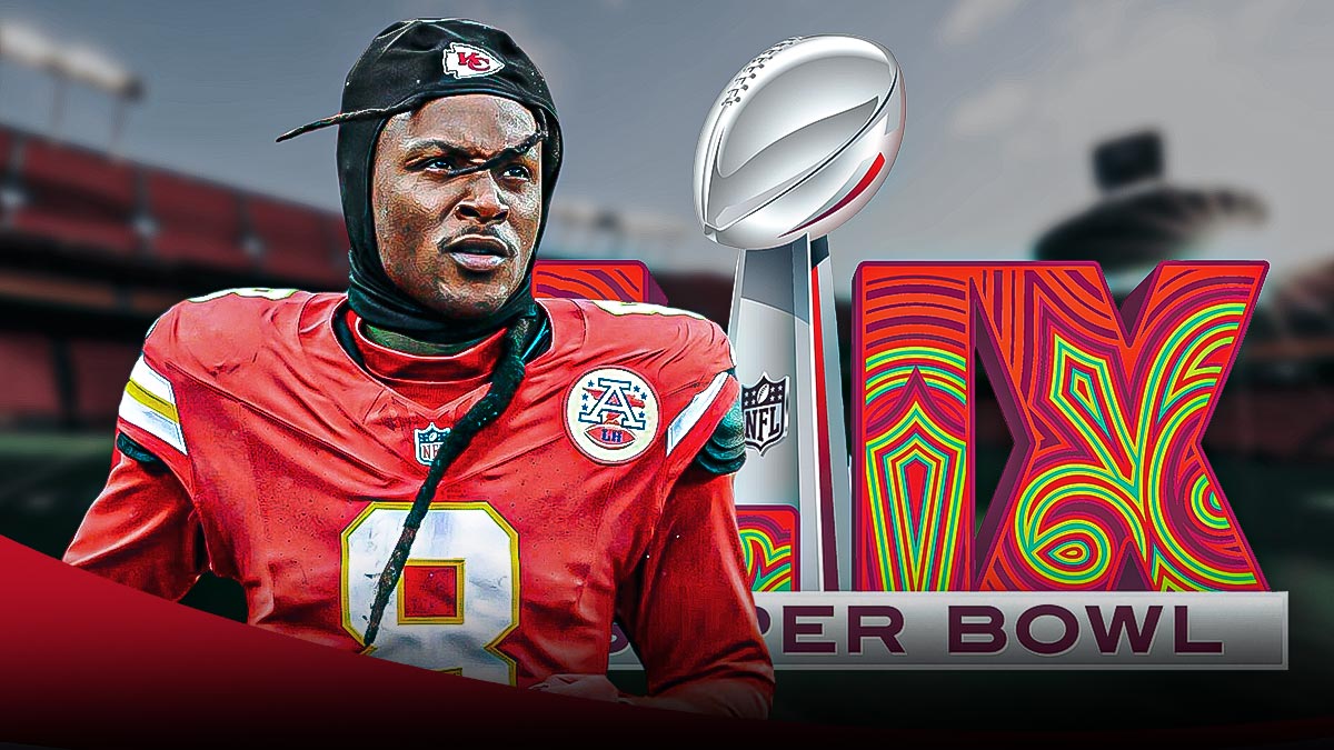Kansas City Chiefs wide receiver DeAndre Hopkins with the Super Bowl LIX logo