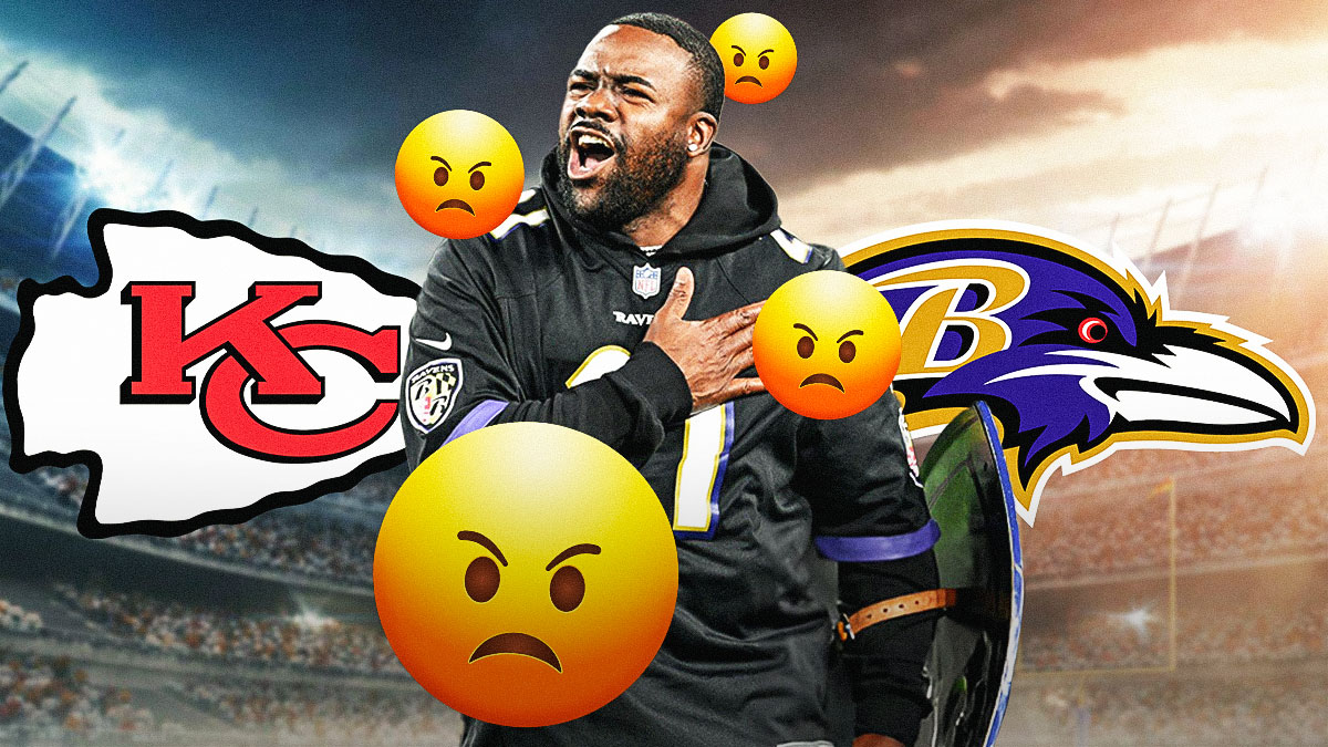 Mark Ingram with the Chiefs and Ravens logos behind him, with angry emojis all around.