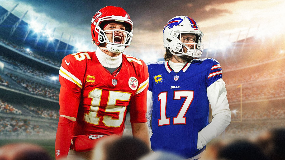 Patrick Mahomes celebrating. Josh Allen looking sad