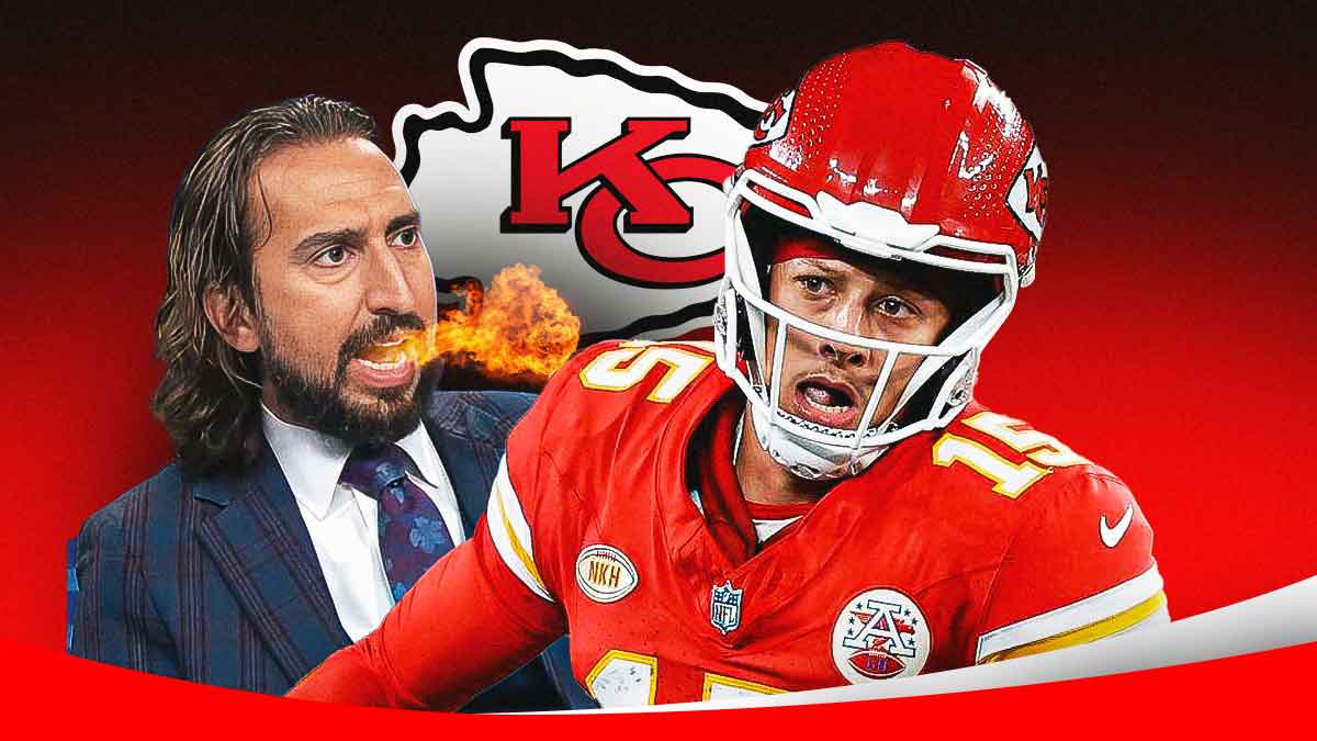 image of Nick Wright with fire coming out of his mouth next to an image of Patrick Mahomes. Chiefs logo in background