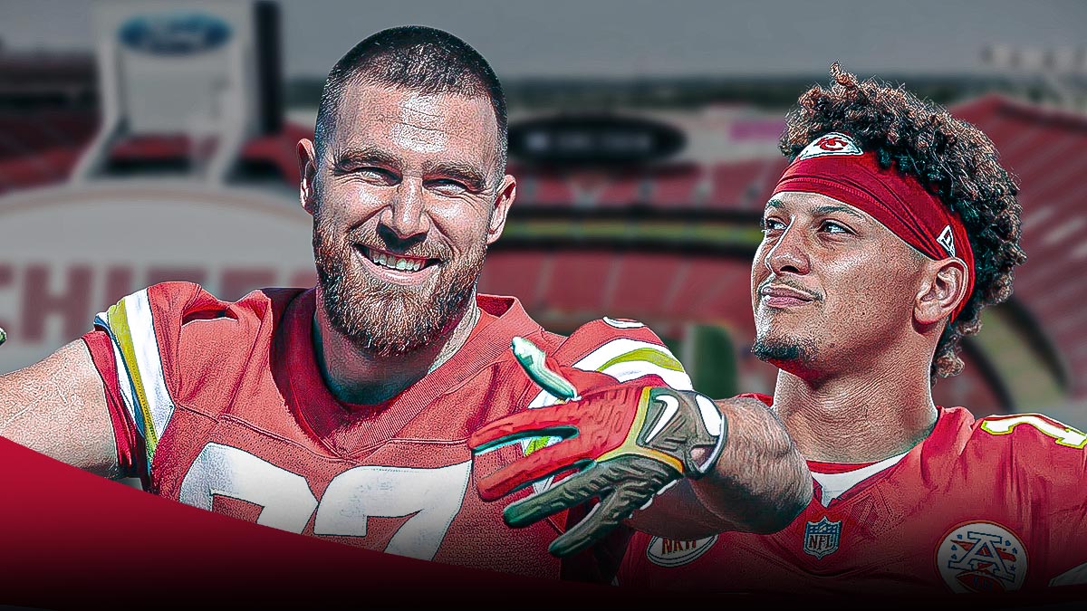 Chiefs stars Travis Kelce and Patrick Mahomes, Arrowhead Stadium behind them