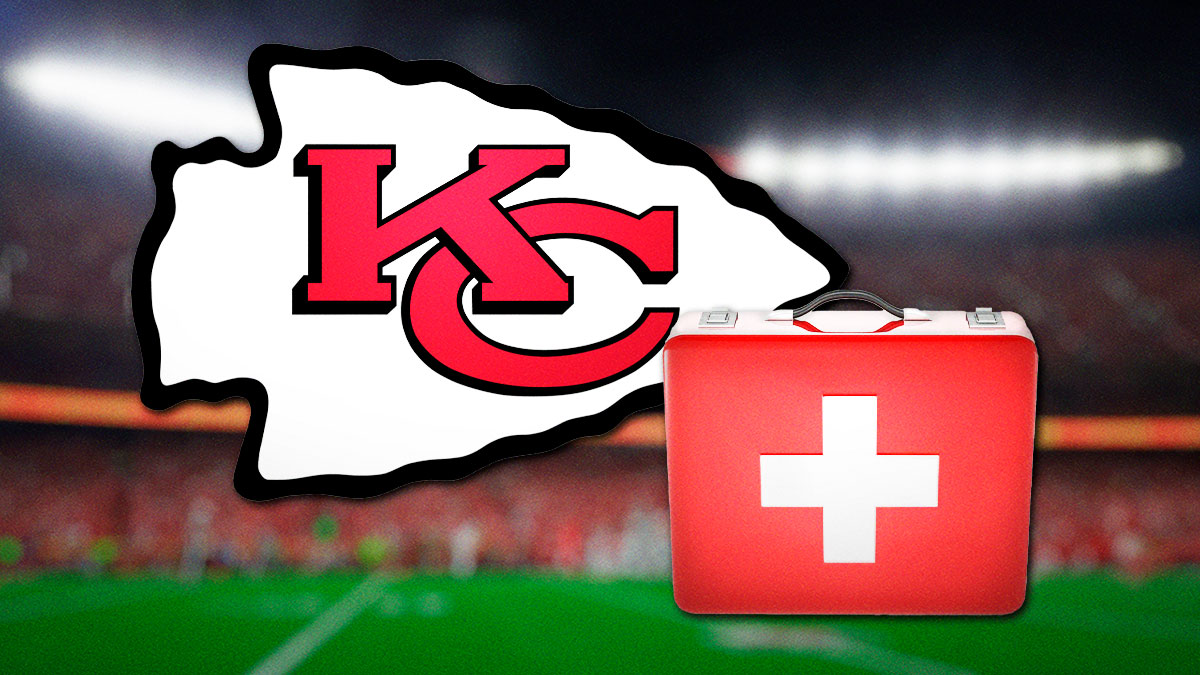 The Kansas City Chiefs logo with a first-aid kit inside of it, and a background of Arrowhead Stadium