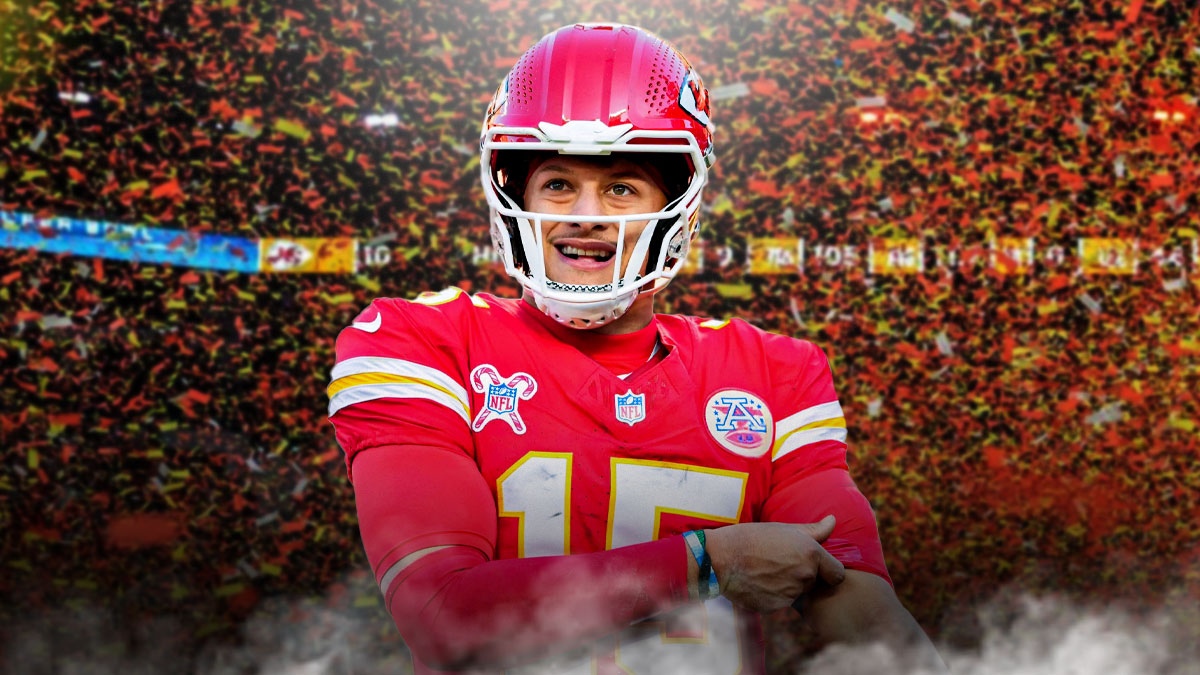 Patrick Mahomes smiling, Chiefs confetti falling in background.