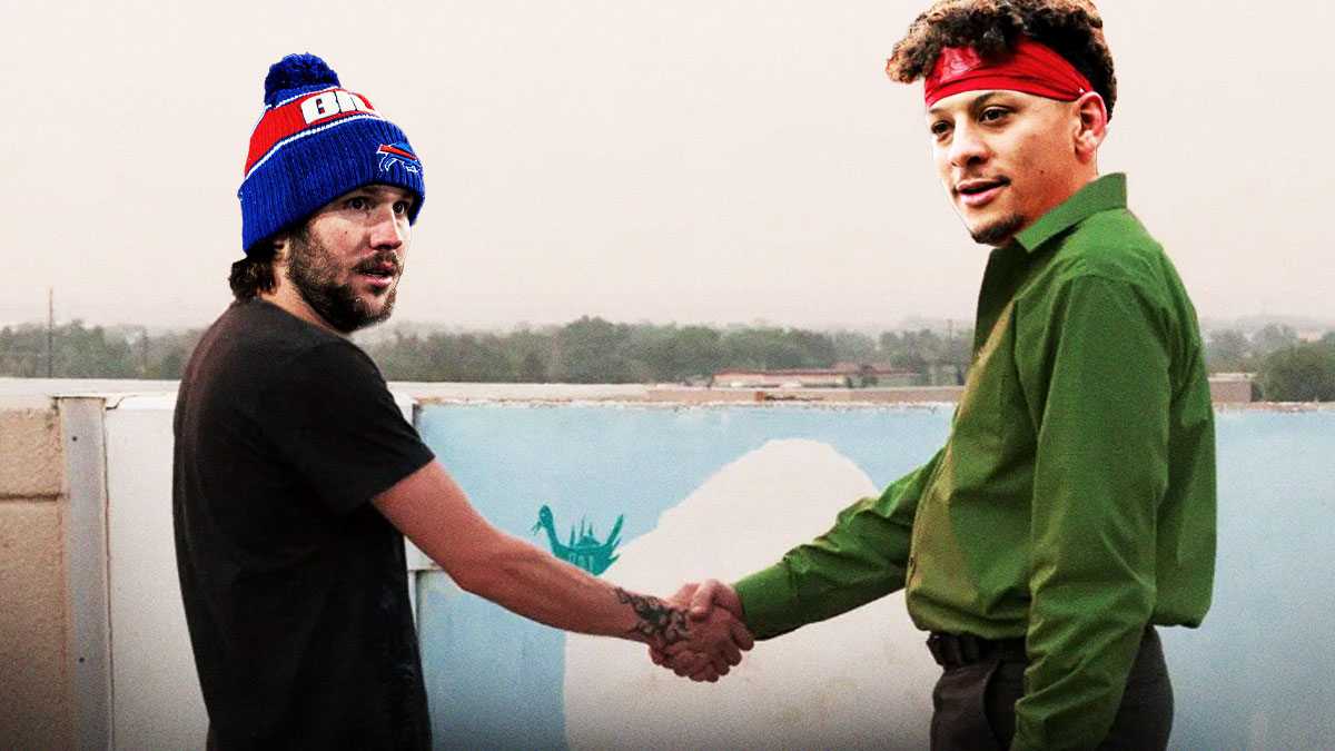 Bills QB Josh Allen shaking Chiefs QB Patrick Mahomes' hand.