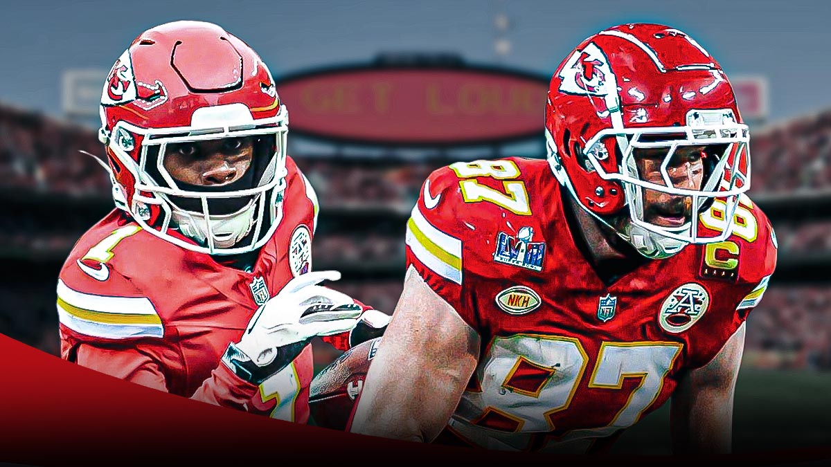 Travis Kelce and Xavier Worthy in Kansas City Chiefs uniforms with bags of money as Kelce and Worthy were fined while Kelce set the TE TD record on Christmas.