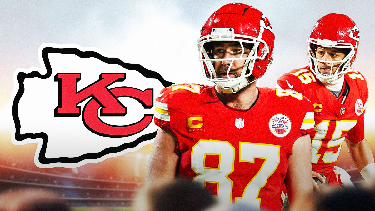 Travis Kelce and Patrick Mahomes in the center, with the Chiefs logo behind them.