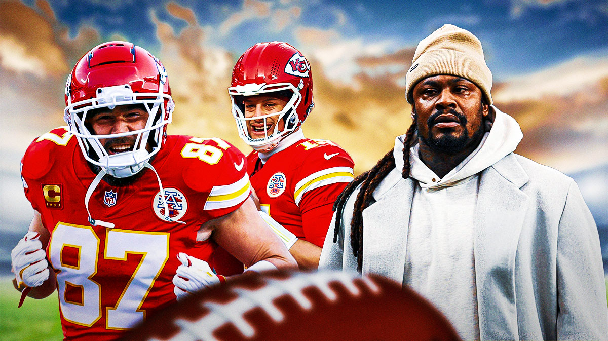 Marshawn Lynch in regular clothes, Patrick Mahomes and Travis Kelce.