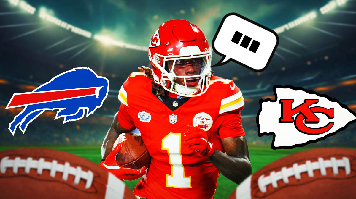 Kansas City Chiefs WR Xavier Worthy with a speech bubble that has the three dots emoji inside. There are also logos for the Kansas City Chiefs and the Buffalo Bills.