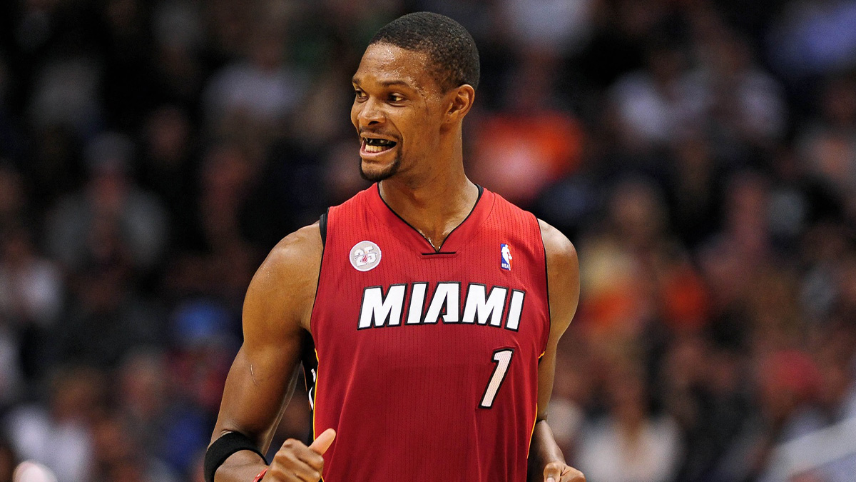 Miami Heat center Chris Bosh (1) reacts on the court during the game against the Phoenix Suns in the second half at US Airways Center. The Heat defeated the Suns 97-88.