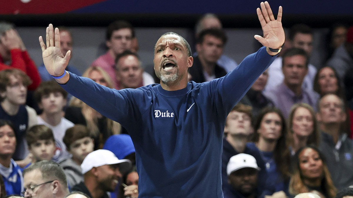 Jan 4, 2025; Dallas, Texas, USA; Duke Blue Devils associate head coach Chris Carrawell reacts during the second half against the Southern Methodist Mustangs at Moody Coliseum.