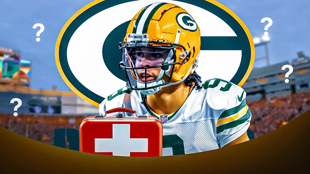 Green Bay Packers WR Christian Watson with an injury symbol. He is surrounded by question mark emojis. There is also a logo for the Green Bay Packers.
