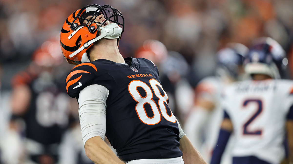 Cincinnati Bengals tight end Mike Gesicki (88) reacts after catching a first down pass in overtime against the Denver Broncos at Paycor Stadium.
