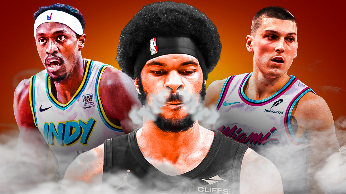 An angry Jarrett Allen (with steam coming out of his nose) next to Pascal Siakam, Tyler Herro.