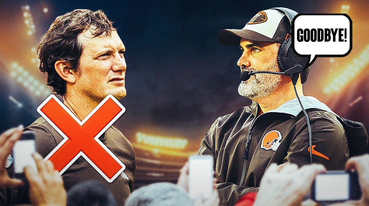 Ken Dorsey on one side with an "X" over him, Kevin Stefanski on the other side with a speech bubble that says "Goodbye!"