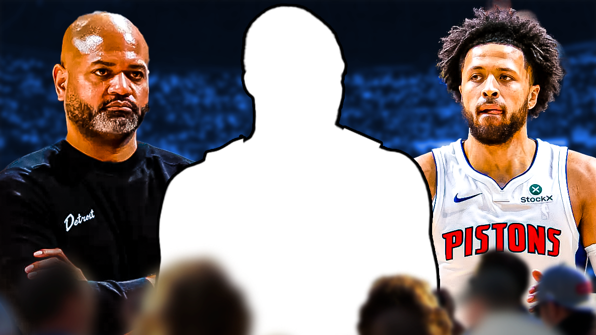 A silhouetted Cavs player next to Cade Cunningham and J.B. Bickerstaff featuring a Cavs-Pistons-themed BG.