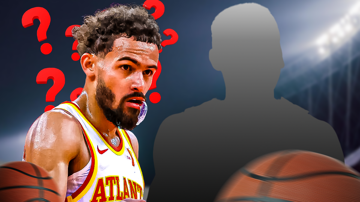 A silhouetted Cavs player standing next to Trae Young surrounded by question marks.