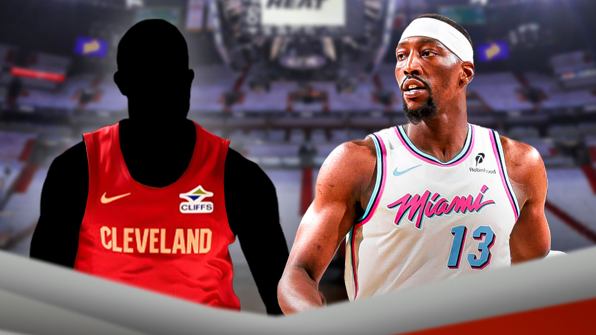 A silhouetted Cavs player next to Bam Adebayo (in their white Miami Vice uniform) featuring a Cavs-Miami Vice-themed BG.