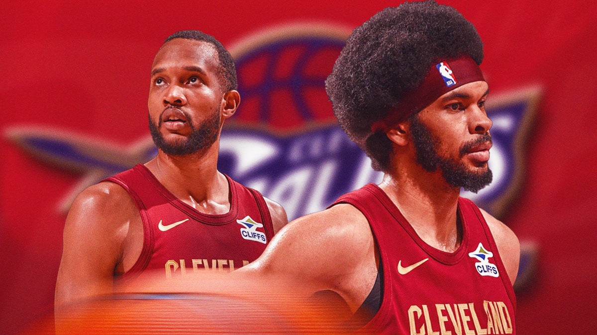 Evan Mobley and Jarrett Allen are nervous (looking like this 😰) featuring a Cavs-themed BG.