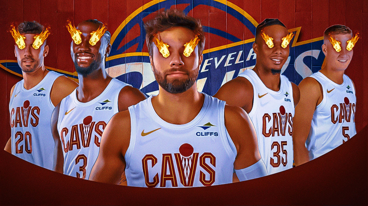 Max Strus, Caris LeVert, Georges Niang, Isaac Okoro and Sam Merrill (all with fire in their eyes) featuring a Cavs-themed BG.